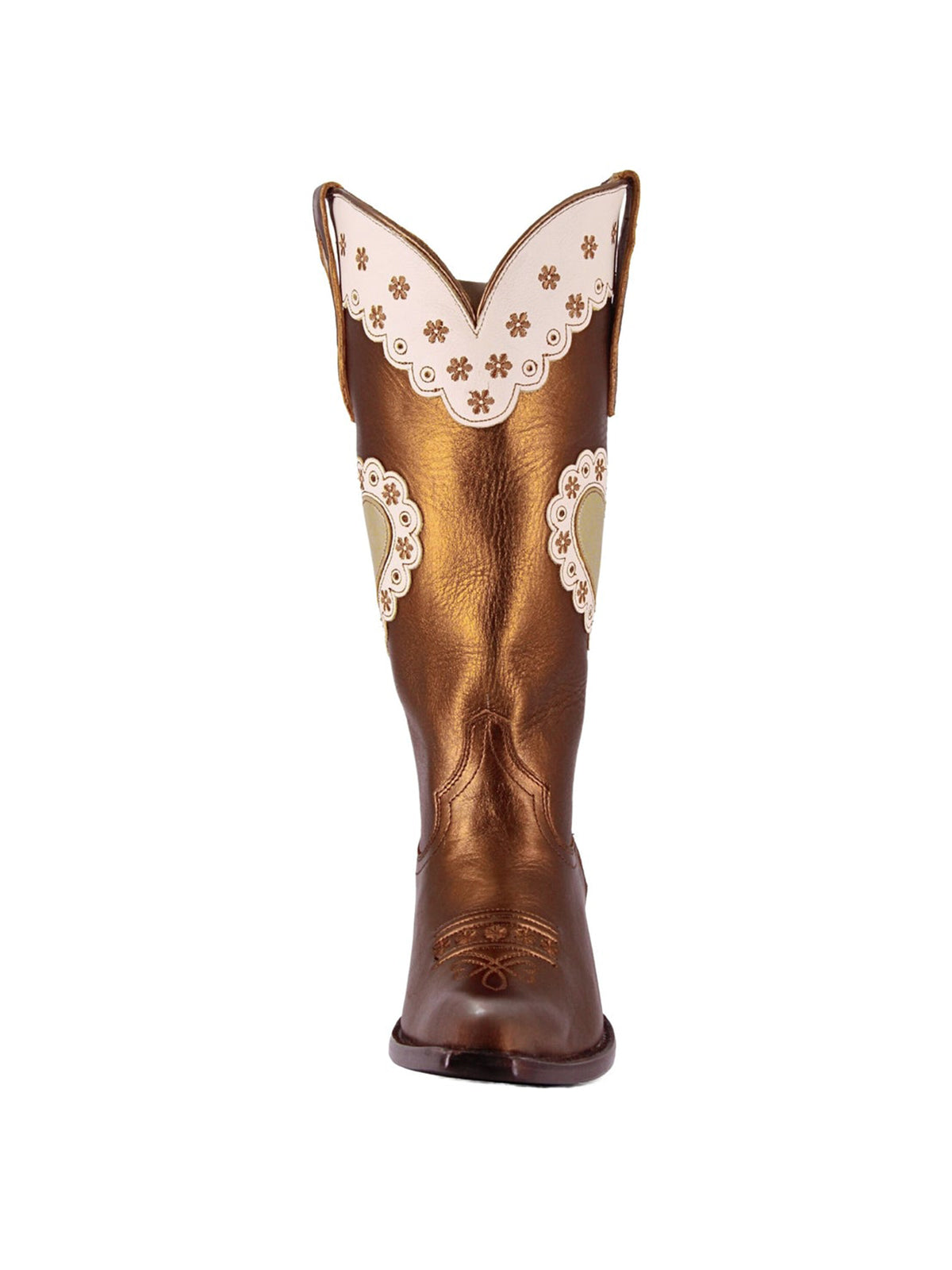Metallic Copper Snip-Toe Heart Applique And Flowers Embroidery Mid Calf Cowgirl Boots