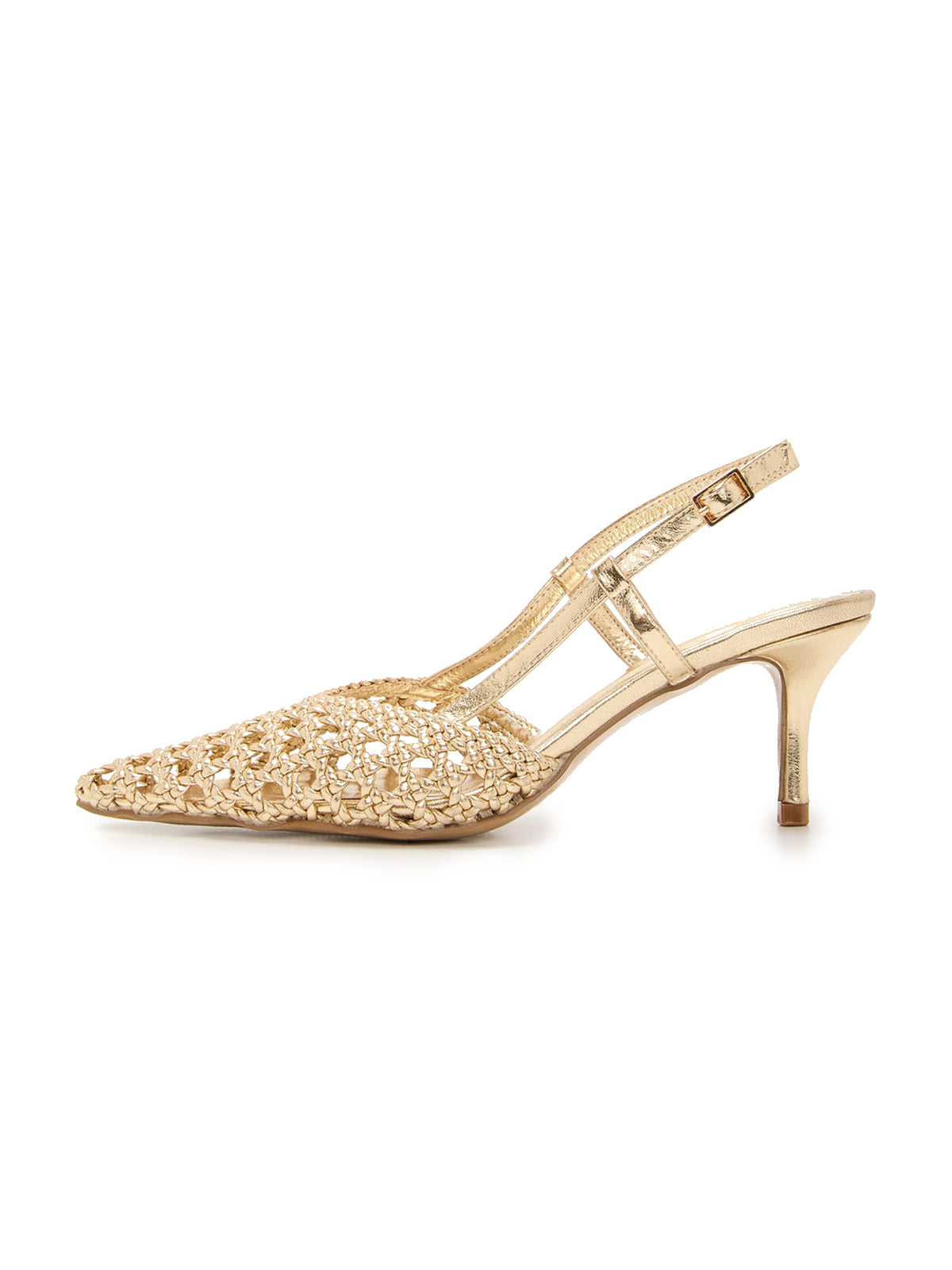 Metallic Gold Woven Vegan Leather Pointed-Toe Classic Slingback Pumps Kitten Heels