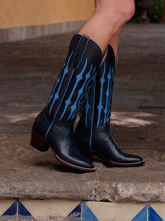 Black Contrast Blue Inlay Stitch Almond-Toe Wide Knee High Western Cowgirl Boots