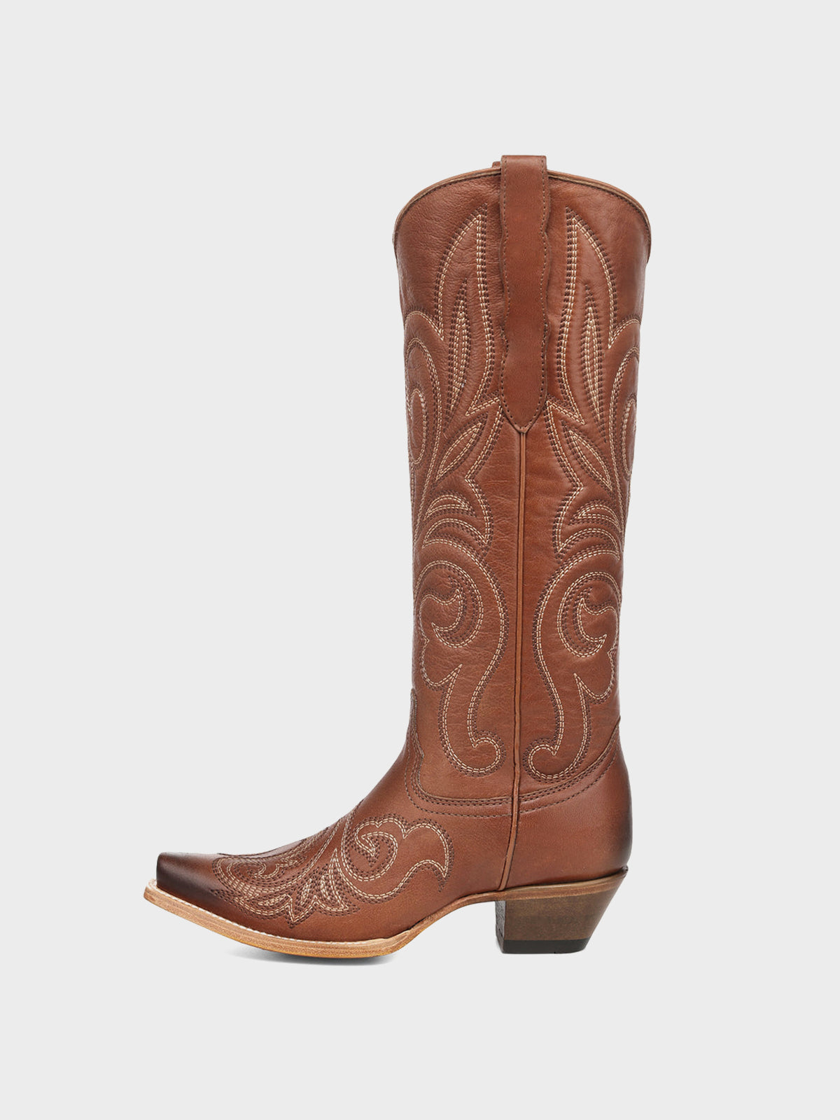 Dark Tan Snip-Toe Chic Western Embroidery Knee High Cowgirl Boots