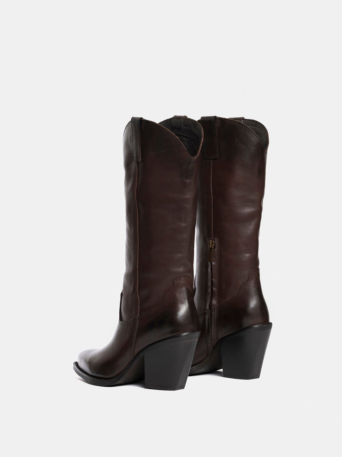 Dark Brown Snip-Toe Simple Half-Zip Mid Calf Classic Cowgirl Boots