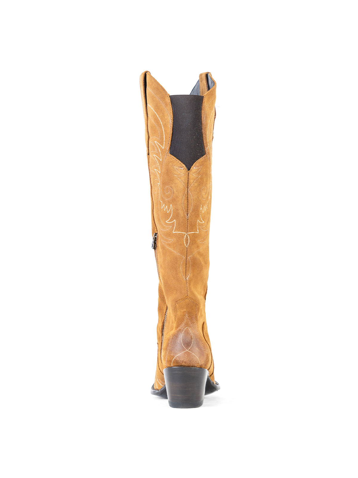 Side-Zip Pointed-Toe Chic Embroidery Wide Calf Knee High Cowgirl Boots - Tan