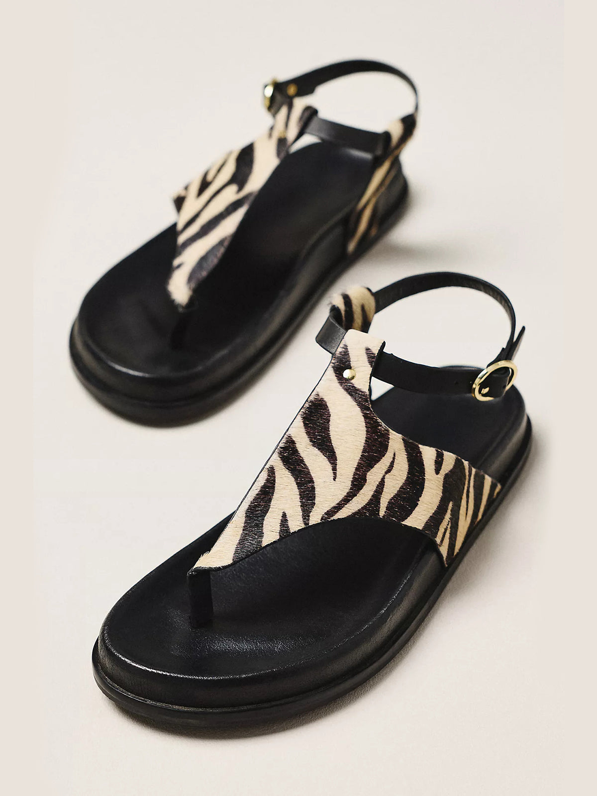 Zebra Pattern Round-Toe T-Strap And Ankle Strap Flats Sandals