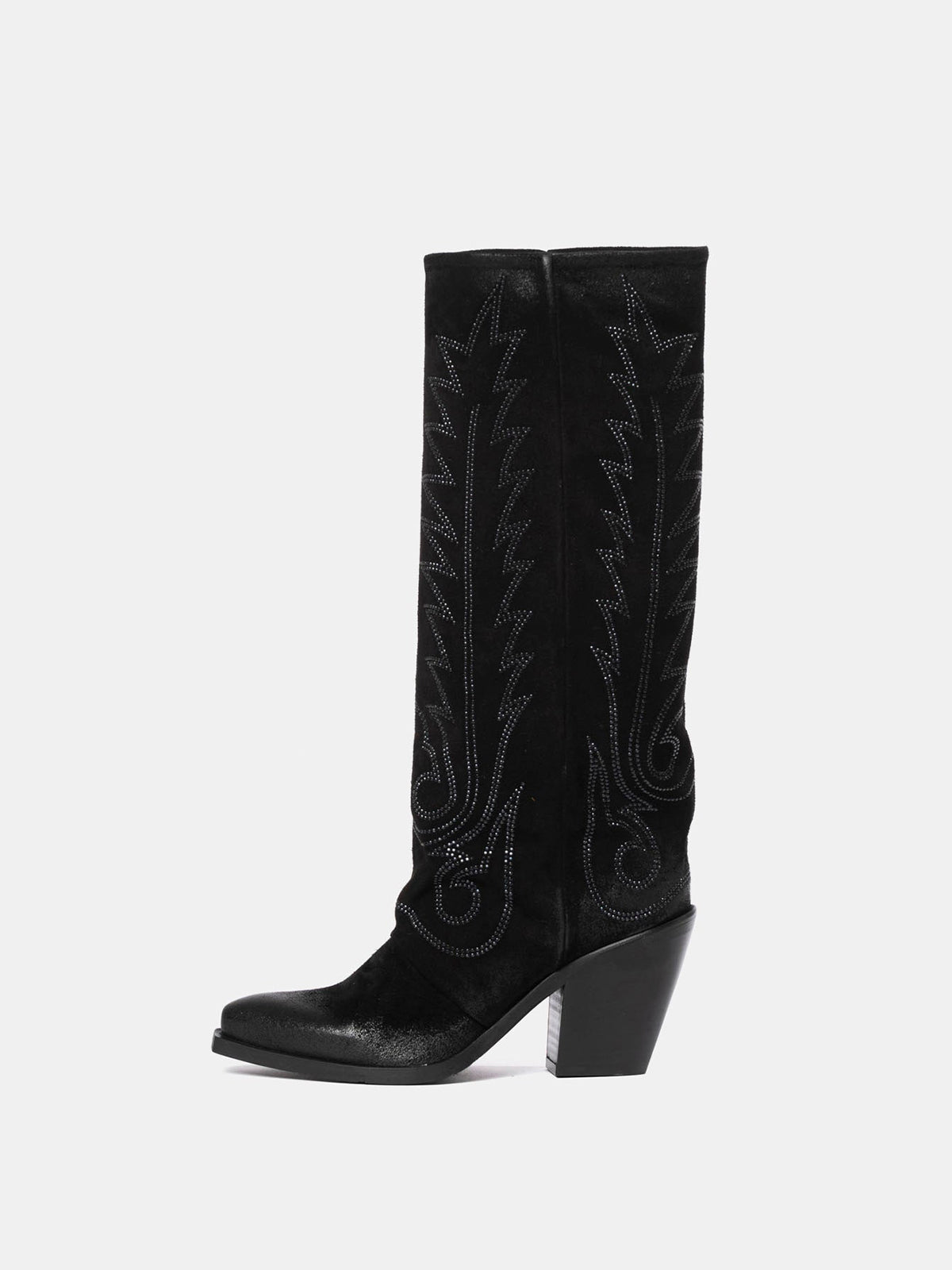 Black Snip-Toe Faux Suede Classic Embroidery Mid Calf Cowgirl Boots