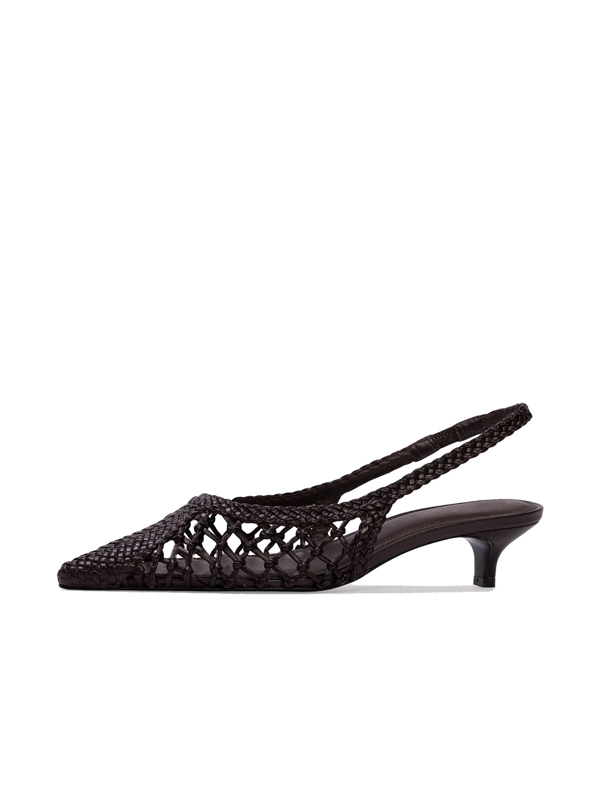 Black Woven Vegan Leather Pointed-Toe Slingback Kitten Heels