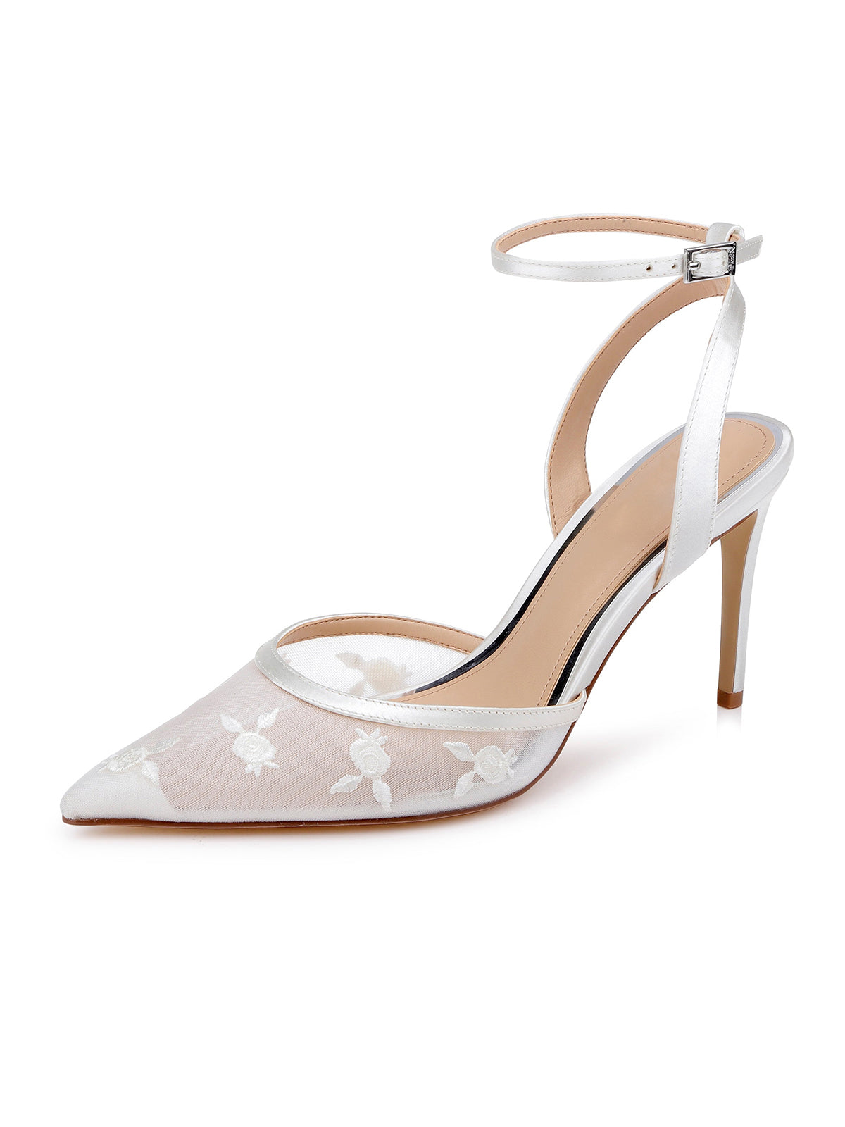 Ivory Mesh And Satin Pointed-Toe Back And Ankle Strap Chic High Heels