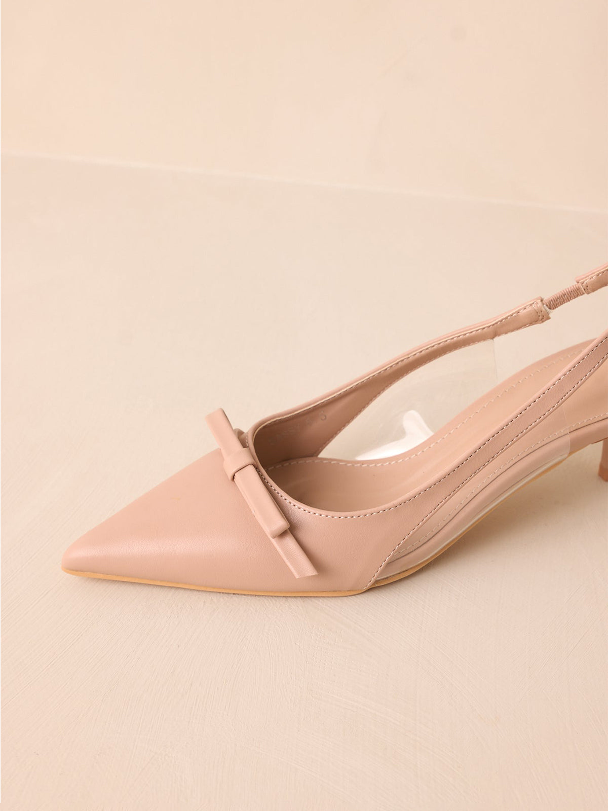 Beige Pointed-Toe Front Bow Slingback Kitten Heels With Transparent Film TPU