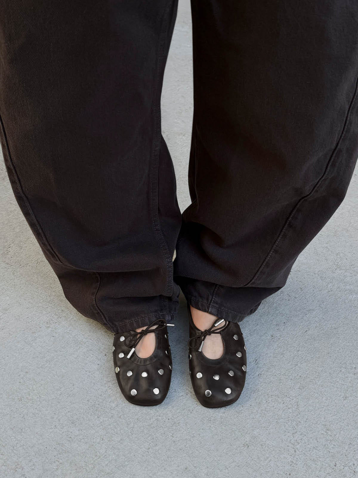 Brown Square-Toe Full Studs And Front Bow Chic Ballet Flats