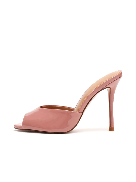Rose Pink Patent Round-Toe Backless High Heels