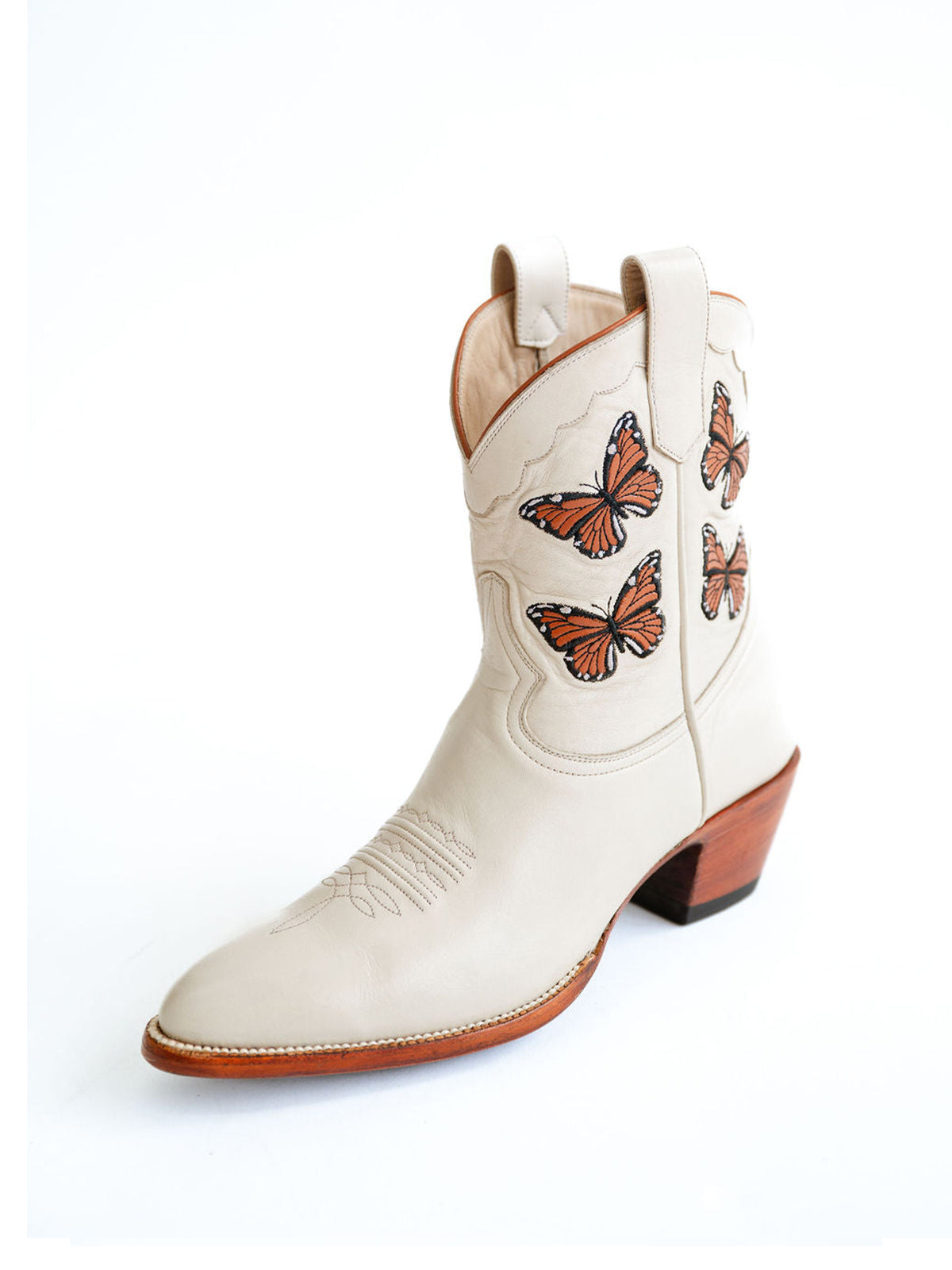 Bone Round-Toe Butterfly Embroidery Ankle Chic Cowgirl Boots