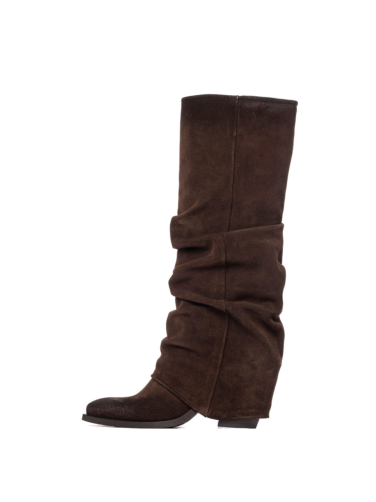 Brown Faux Suede Snip-Toe Fold-Over Wide Calf Tall Knee High Cowgirl Boots