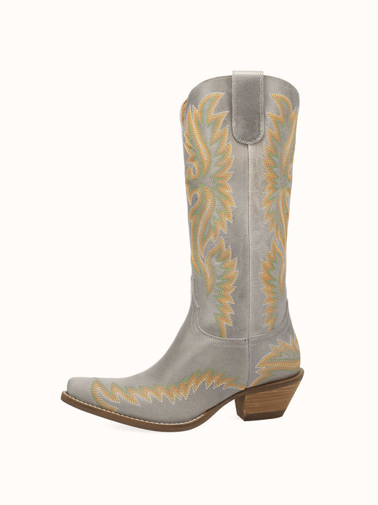 Bone Snip-Toe Chic Flame Embroidery Sleek Mid Calf Cowgirl Boots