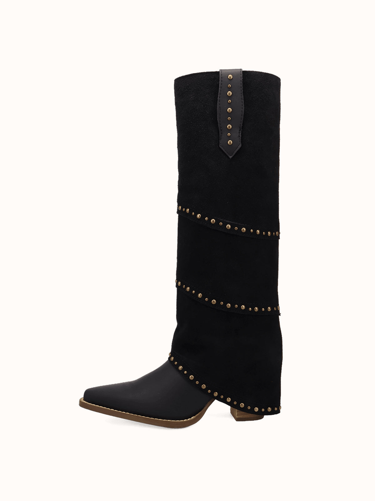 Black Snip-Toe Faux Suede Fold-Over With Studs Wide Calf Knee High Cowgirl Boots