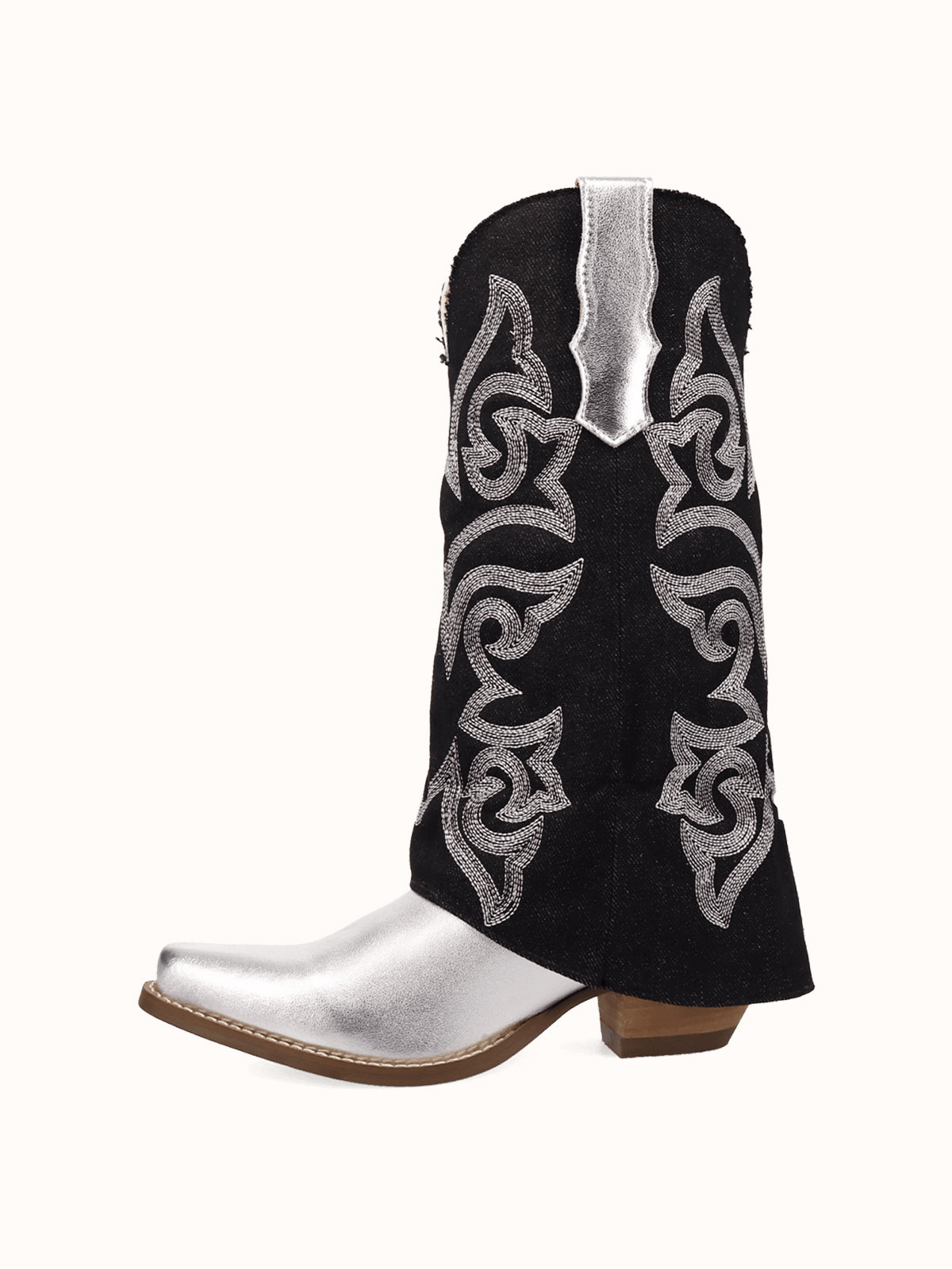 Black Denim And Silver Snip-Toe Embroidery Fold-Over Wide Calf Knee High Cowgirl Boots