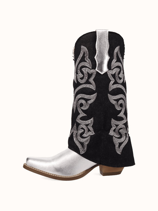 Black Denim And Silver Snip-Toe Embroidery Fold-Over Wide Calf Knee High Cowgirl Boots
