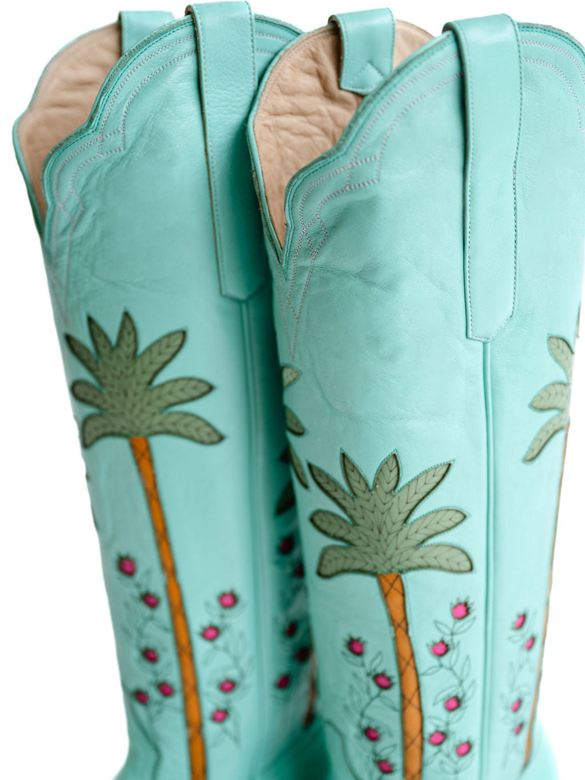 Light Green Almond-Toe Wide Calf Western Boots Knee High Tall Boots With Green Palm Inlay