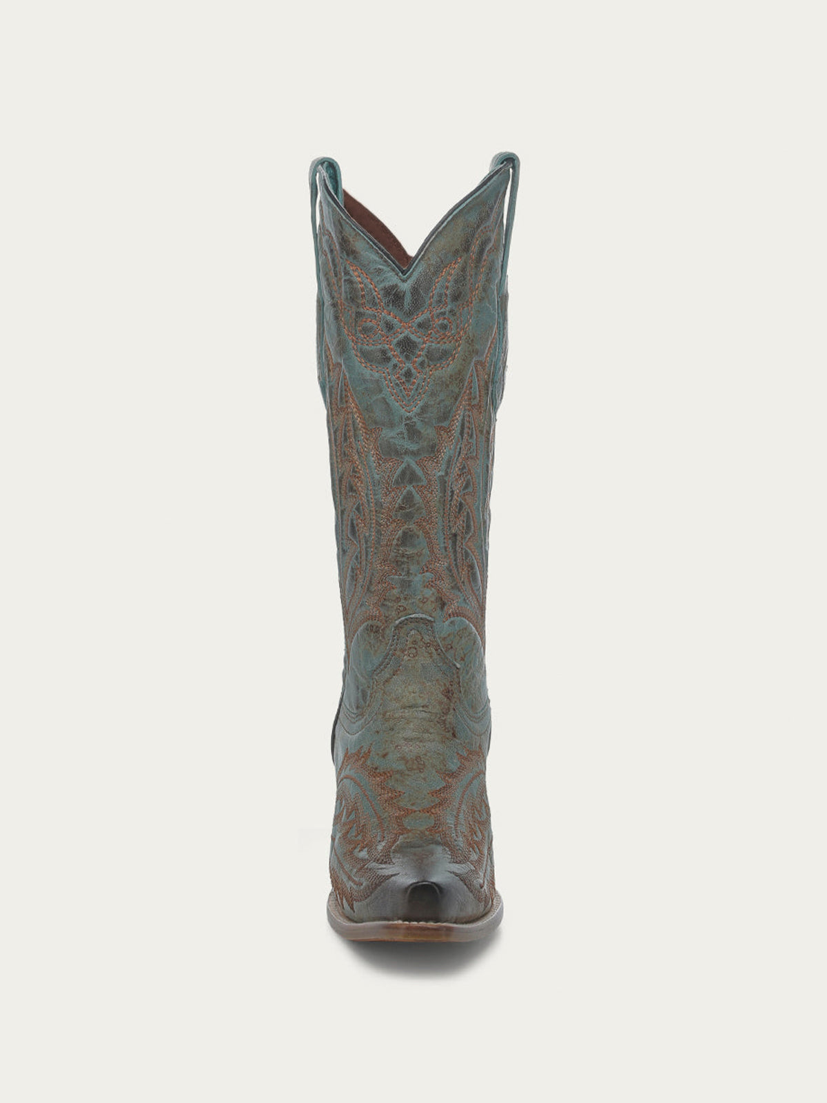 Distressed Turquoise Snip-Toe Vintage Embroidery Mid Calf Cowgirl Boots