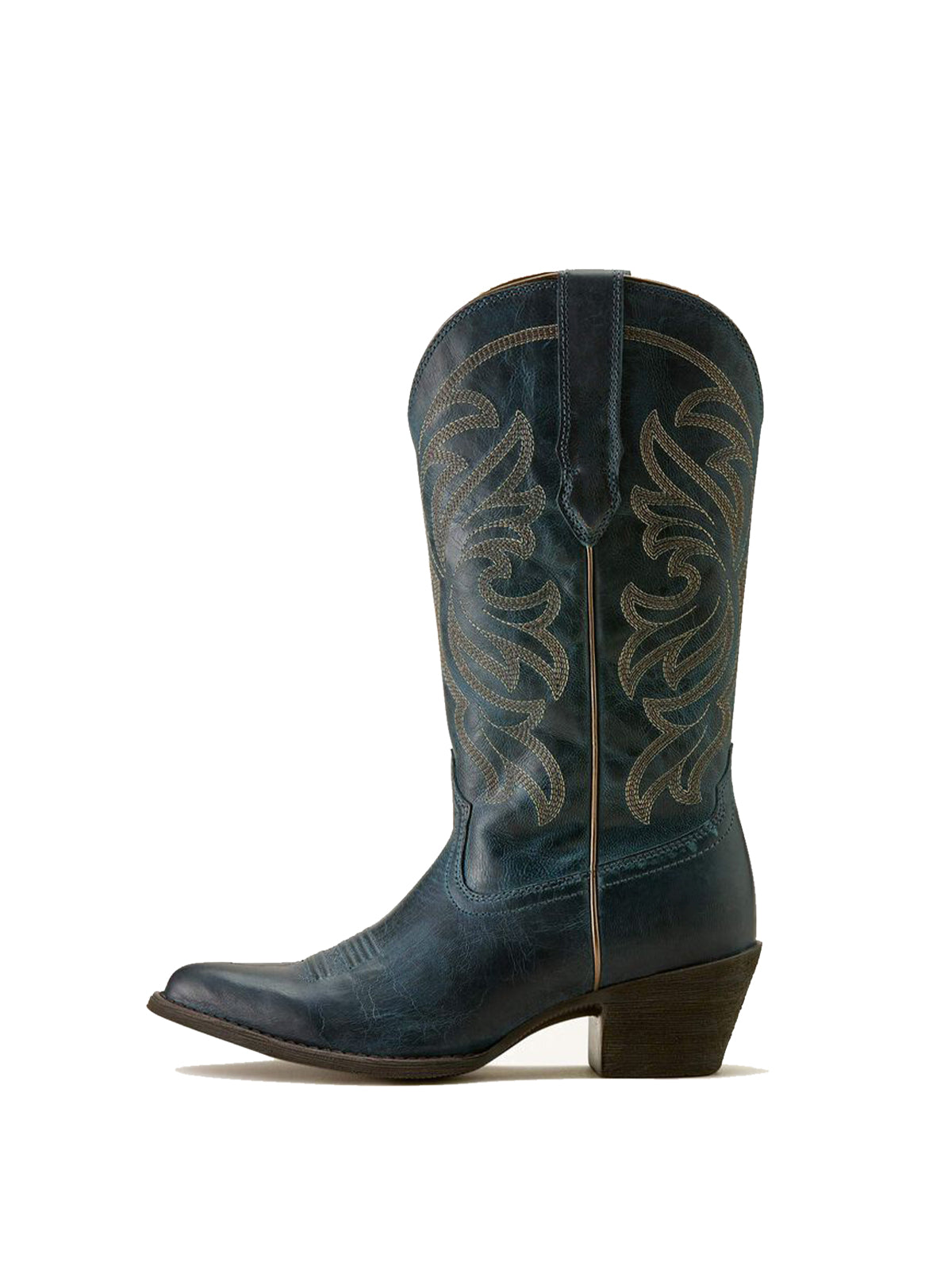 Mid Calf Almond-Toe Embroidery Cowgirl Boots - Dark Denim Blue