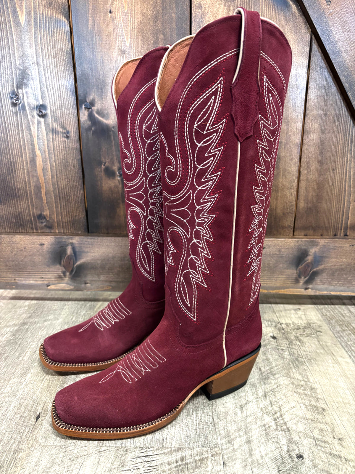 Burgundy Faux Suede Square-Toe Classic Embroidery Wide Calf Knee High Cowgirl Boots