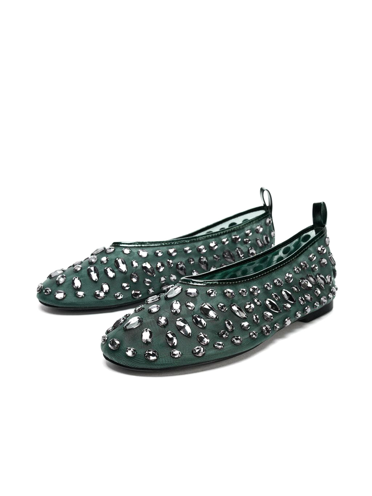 Green Mesh Round-Toe Full Crystals Ballet Flats