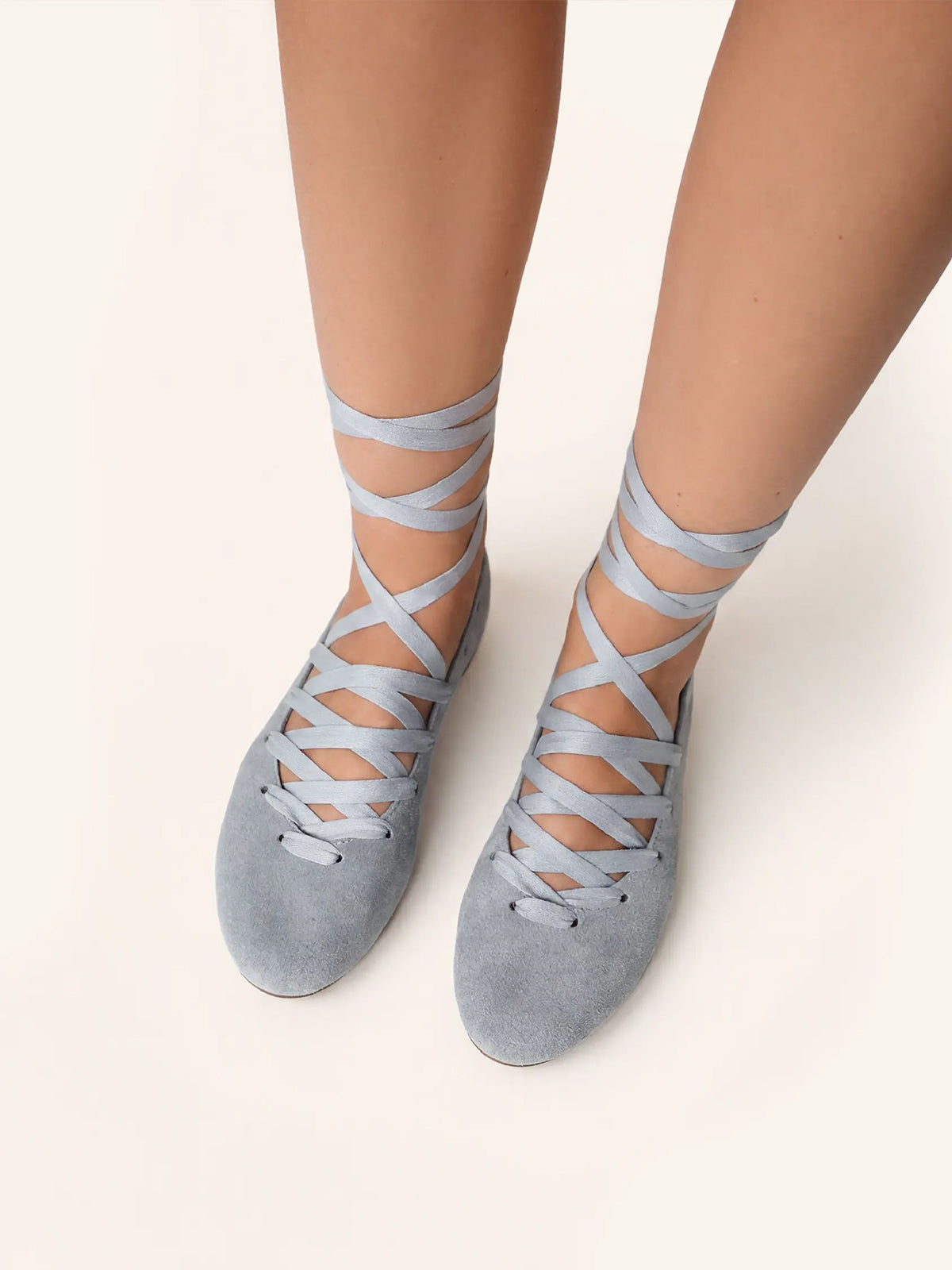 Gray Faux Suede Round-Toe Lace-Up Stylish Ballet Flats