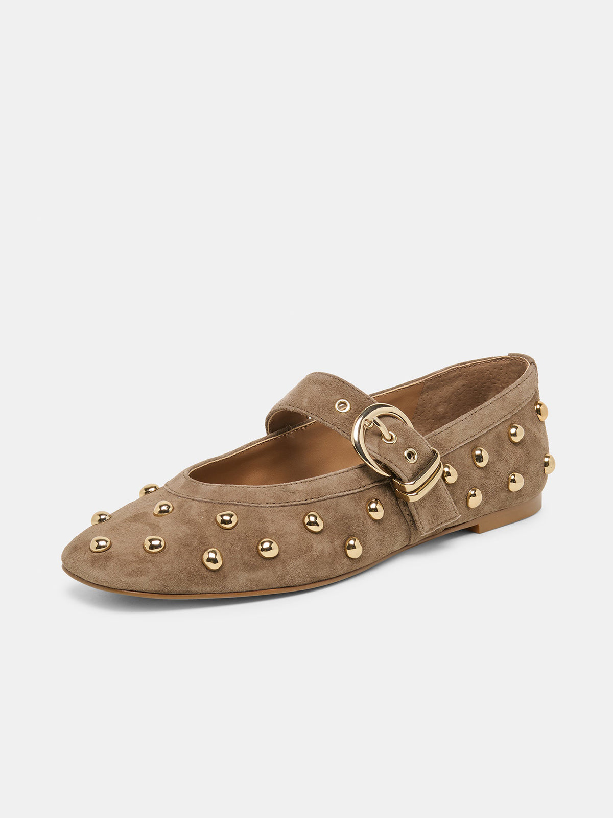 Olive Green Faux Suede Square-Toe Studs And Mary Jane Ballet Flats