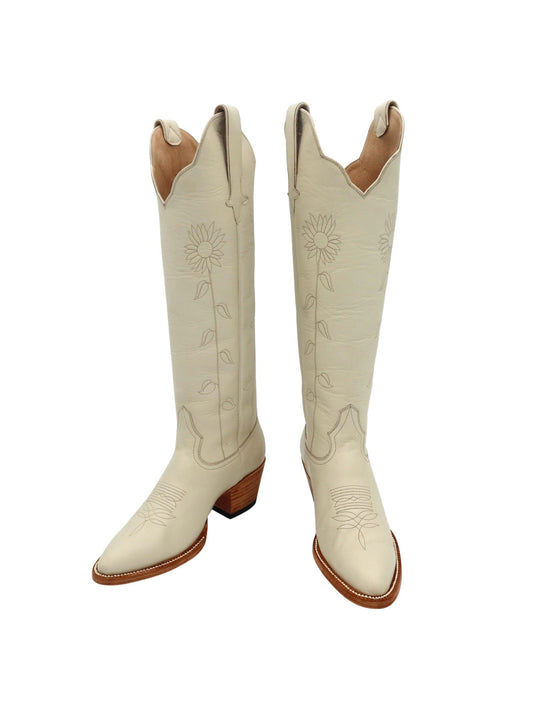 Bone Almond-Toe Delicate Flower Embroidery Wide Calf Knee High Cowgirl Boots