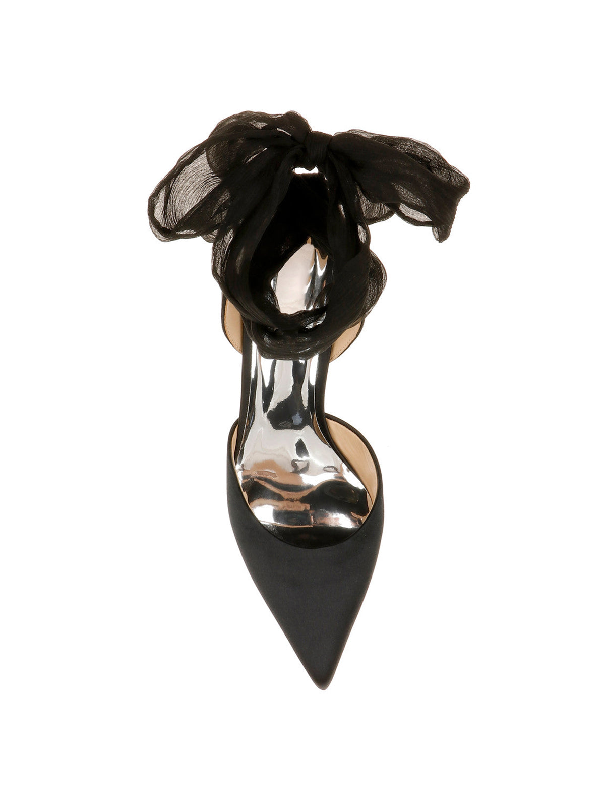 Black Satin Pointed-Toe Back Strap And Ankle Bow Strap High Heels