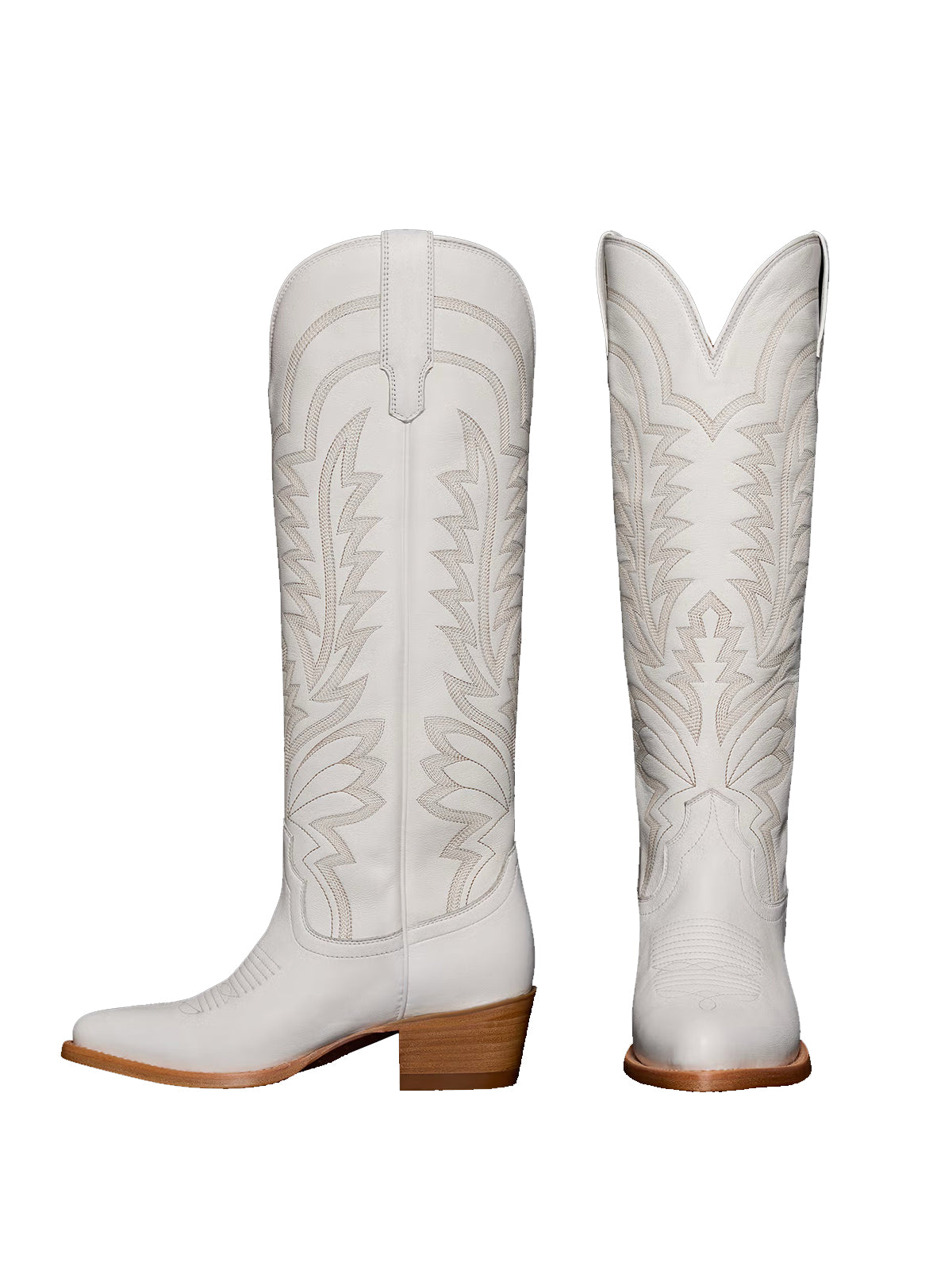 Western Embroidery Almond-Toe Tall Knee High Cowgirl Boots - White