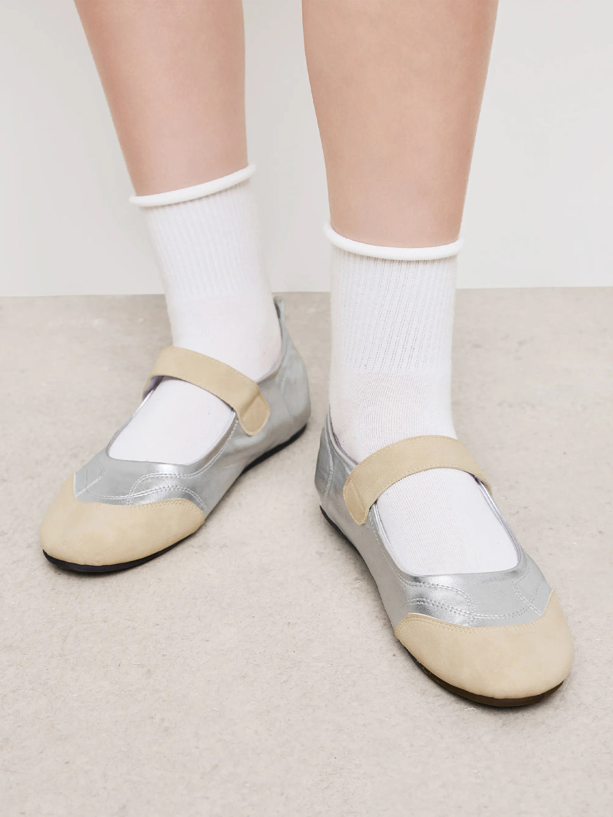 Beige And Silver Round-Toe Chic Mary Jane Classic Flats