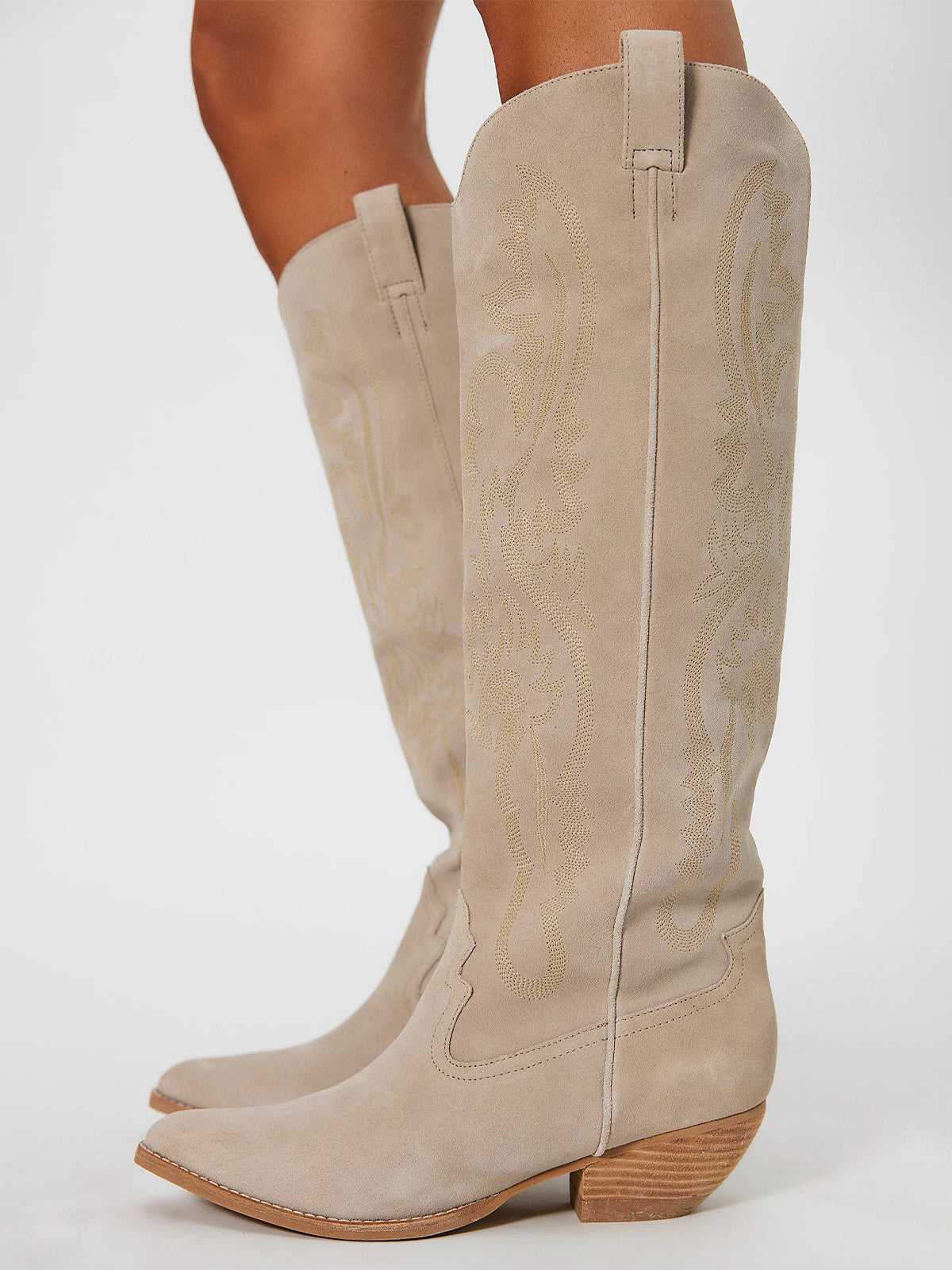 Beige Faux Suede Pointed-Toe Embroidery Wide Calf Knee High Cowgirl Boots For Women