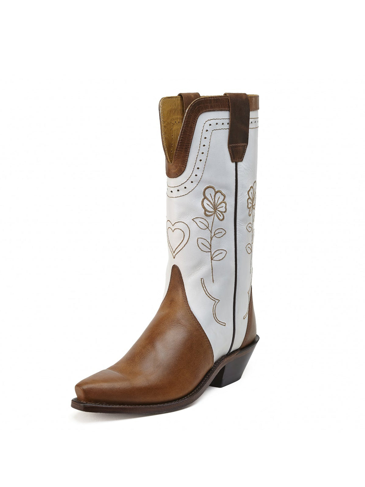 Brown Studs Snip-Toe Applique Cowgirl Wesern Mid Calf Boots