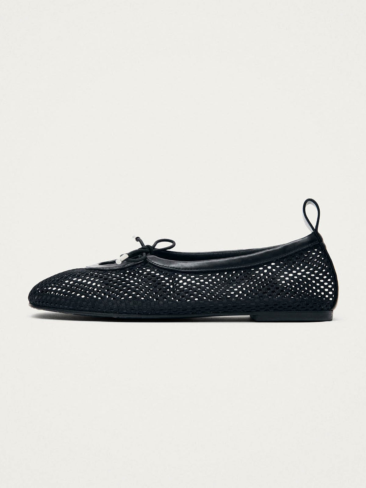 Black Mesh And Vegan Leather Square-Toe Middle Bow Ballet Flats