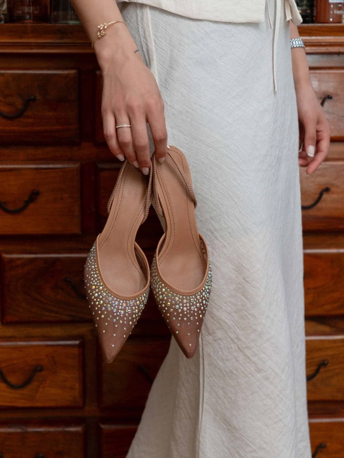Nude Rhinestone Mesh Pointed-Toe Slingback Kitten Heels