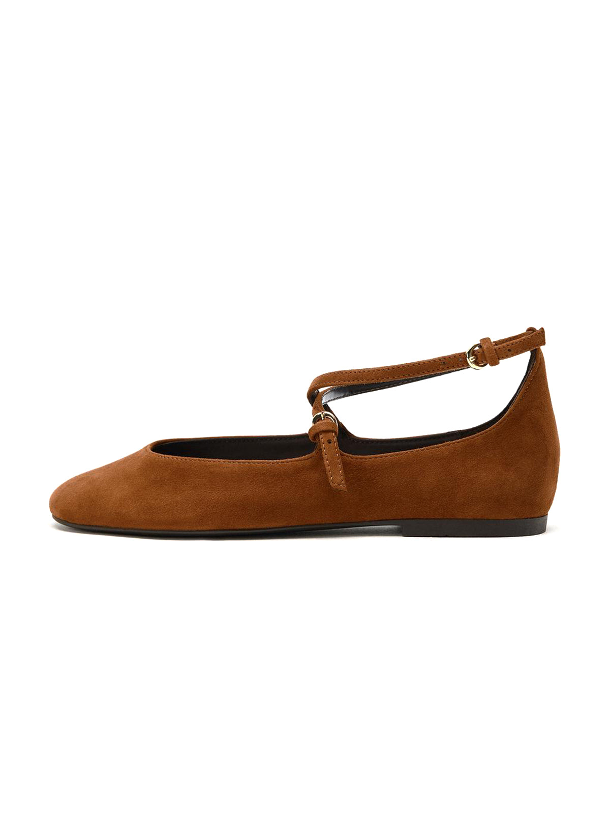 Brown Faux Suede Round-Toe Buckle Ankle Strap Ballet Flats