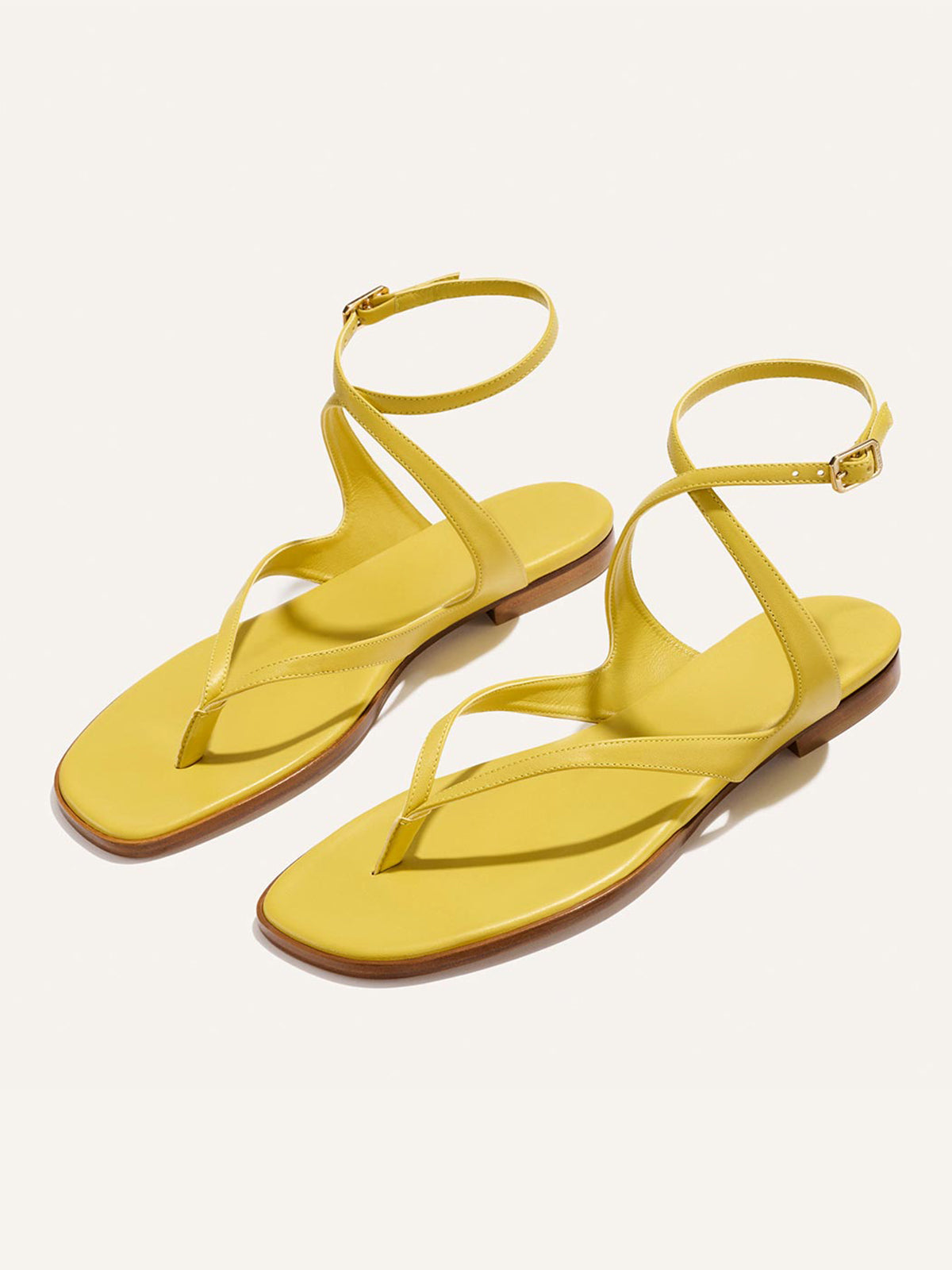 Chartreuse Square-Toe Strappy And Ankle Strap Chic Sandals Flats
