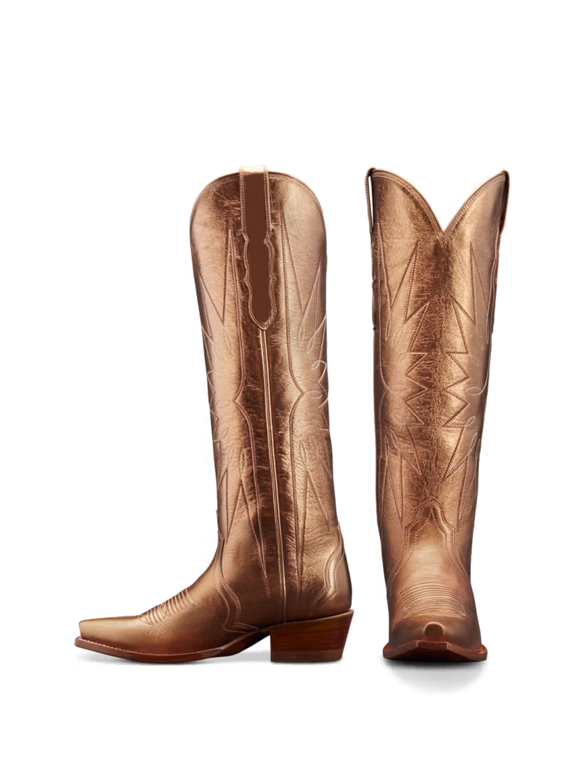 Metallic Copper Snip-Toe Embroidery Wide Calf Knee High Cowgirl Boots