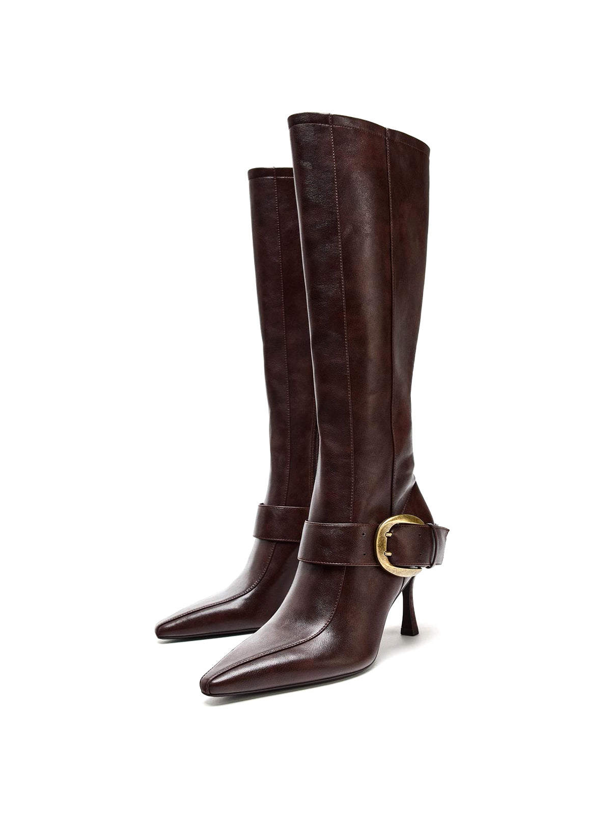 Brown Pointed-Toe Wide Buckle Strap Full-Zip Knee High Stiletto Boots