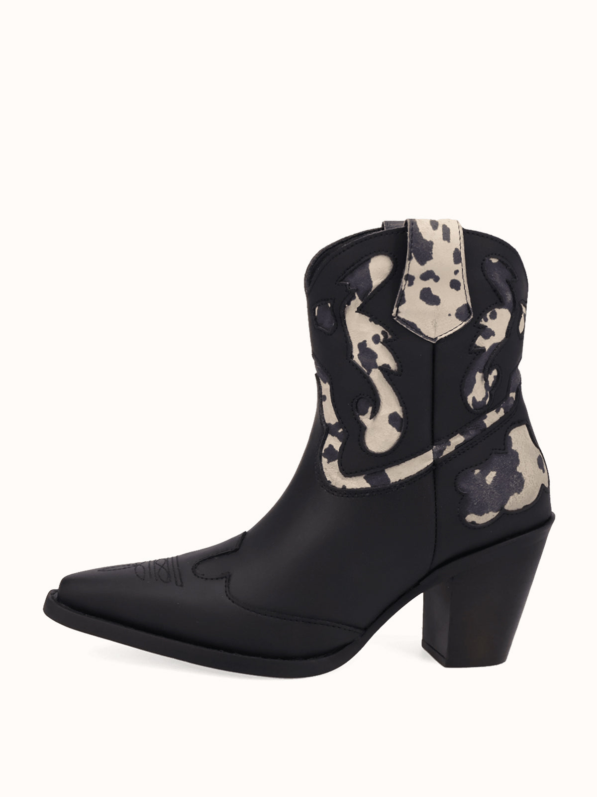 Black And Cow Pattern Snip-Toe Sleek Ankle Cowgirl Boots