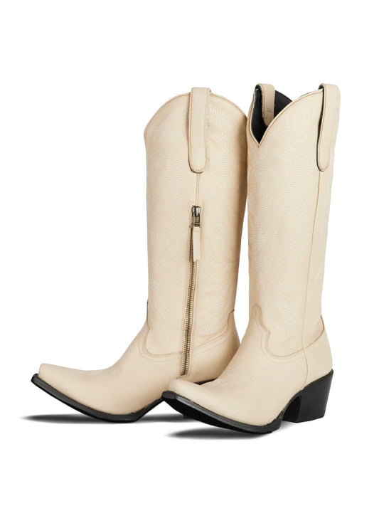 Western Snip-Toe Embroidery Classic Knee High Half-Zip Cowgirl Boots - Bone