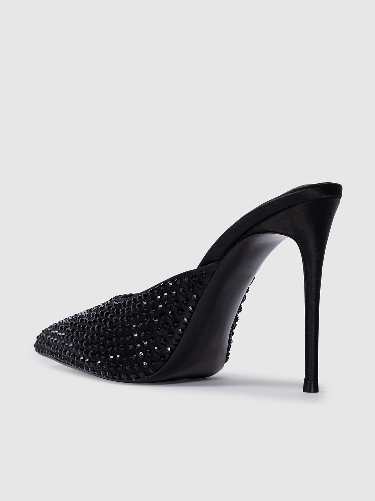 Black Satin Pointed-Toe High Heels With Crystal Embellished Detail
