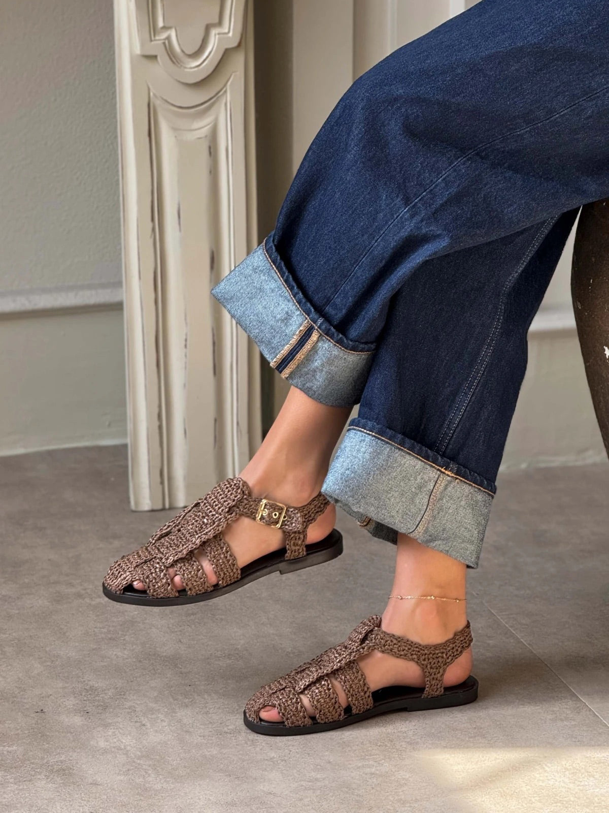 Green Grass Woven Round-Toe Caged Detail Buckle Strap Flats