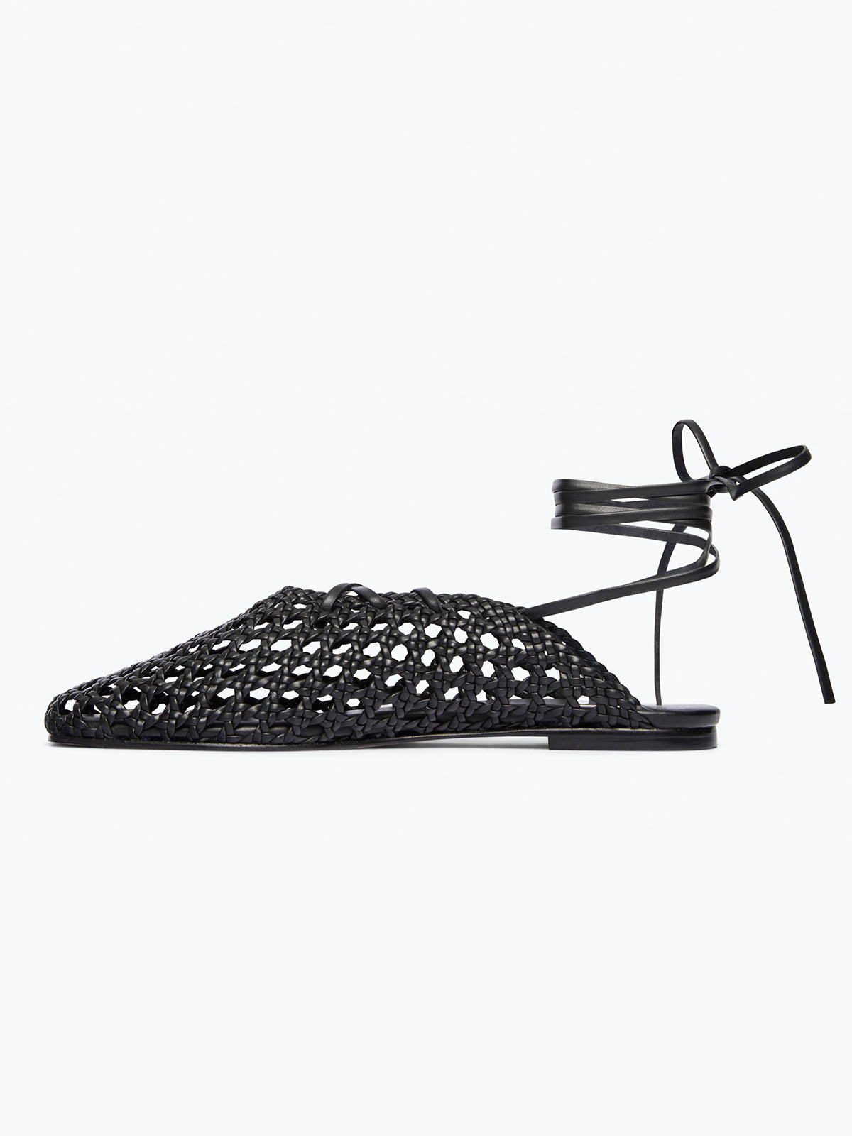 Woven Vegan Leather Square-Toe Ankle Lace-Up Backless Flats - Black