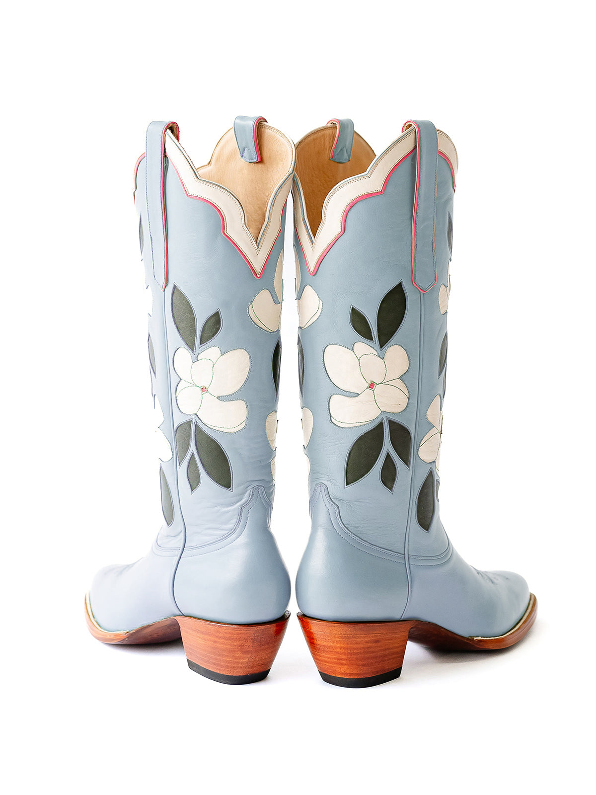 Blue Almond-Toe White Flower Inlay Wide Calf Knee High Cowgirl Boots