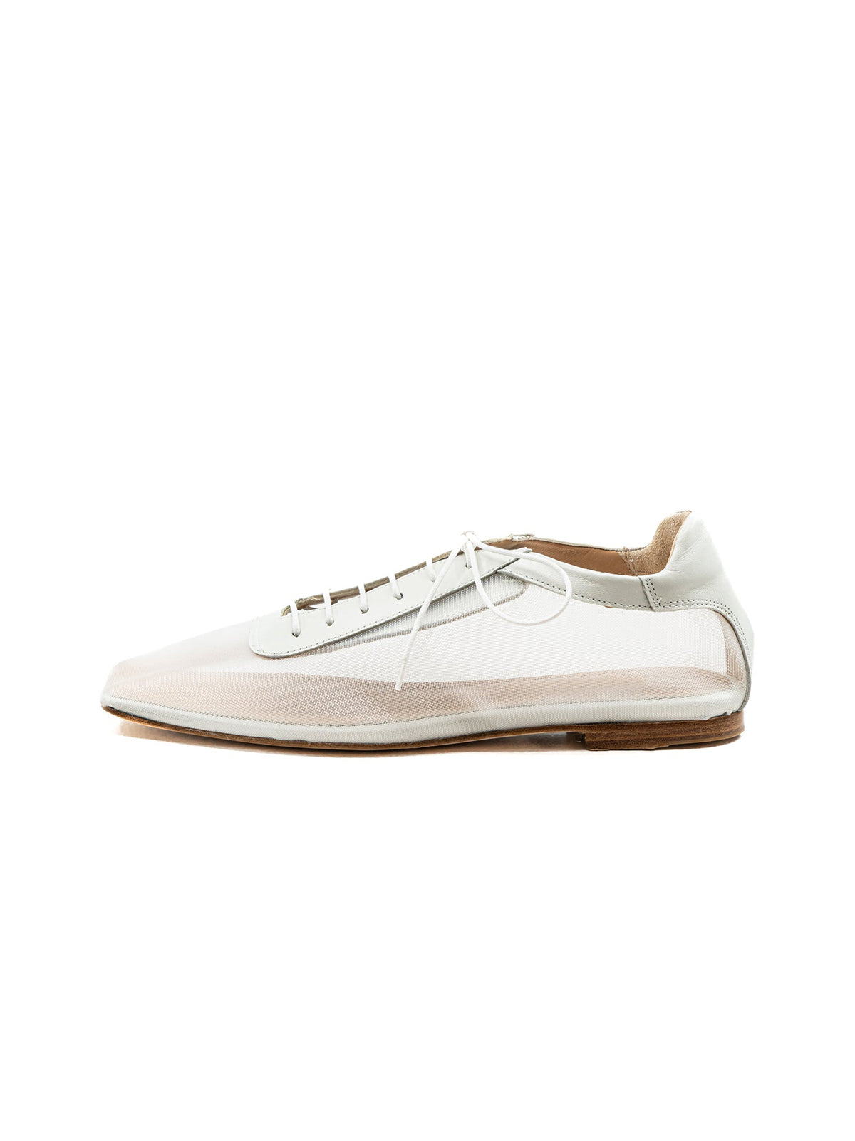 White Mesh And Vegan Leather Square-Toe Lace-Up Simple Flats