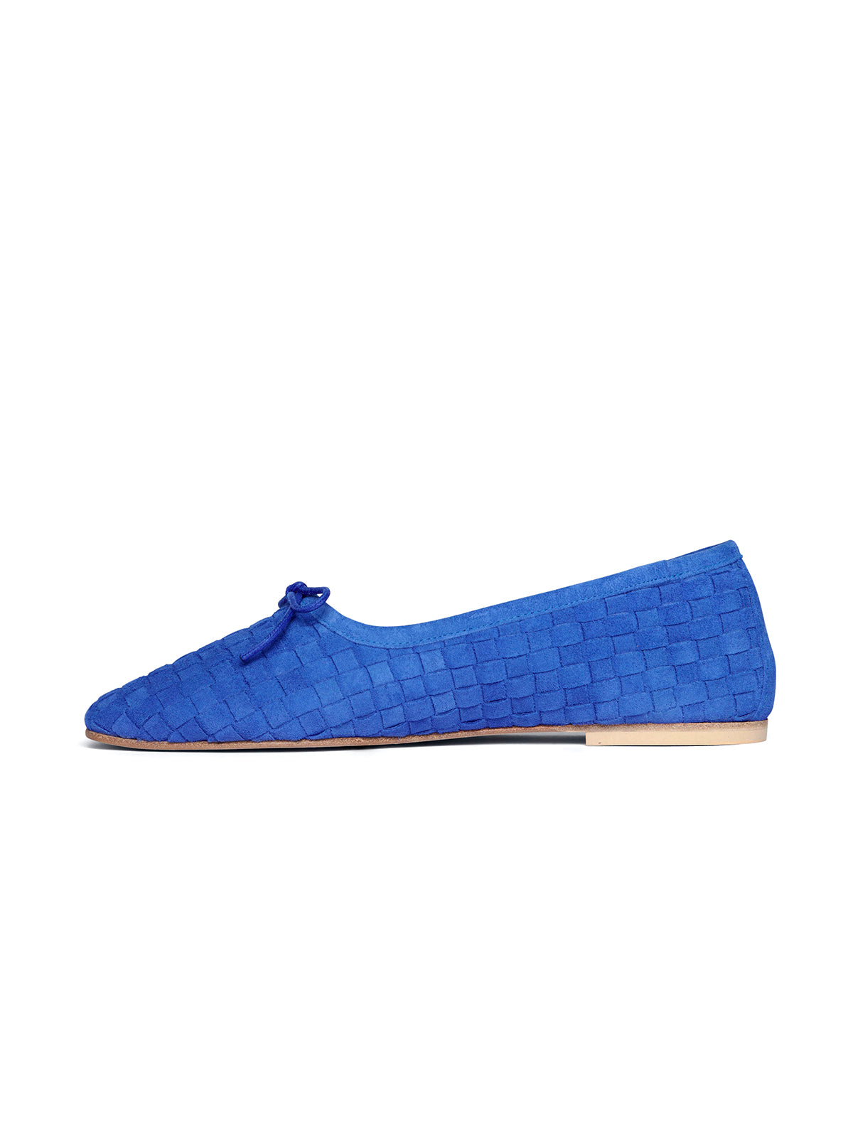 Dark Blue Woven Faux Suede Square-Toe Front Bow Ballet Flats