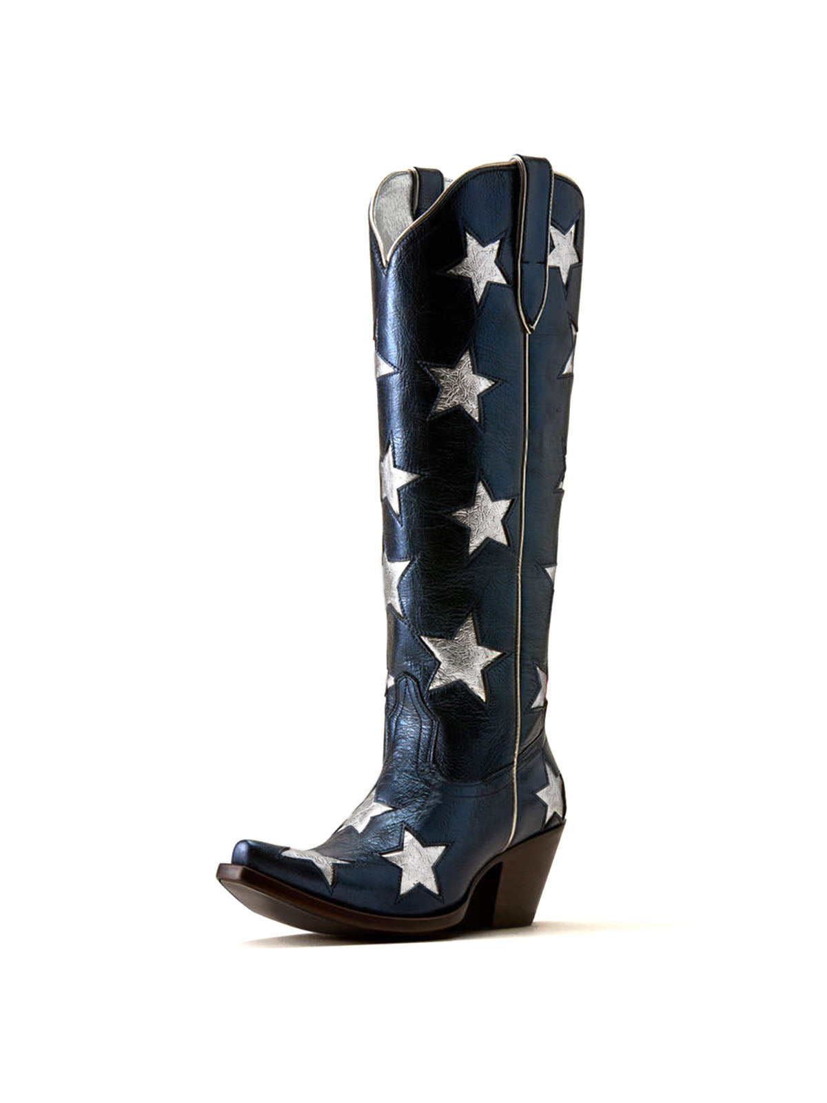 Metallic Blue Snip-Toe Silver Stars Inlays Chic Half-Zip Knee High Cowgirl Boots