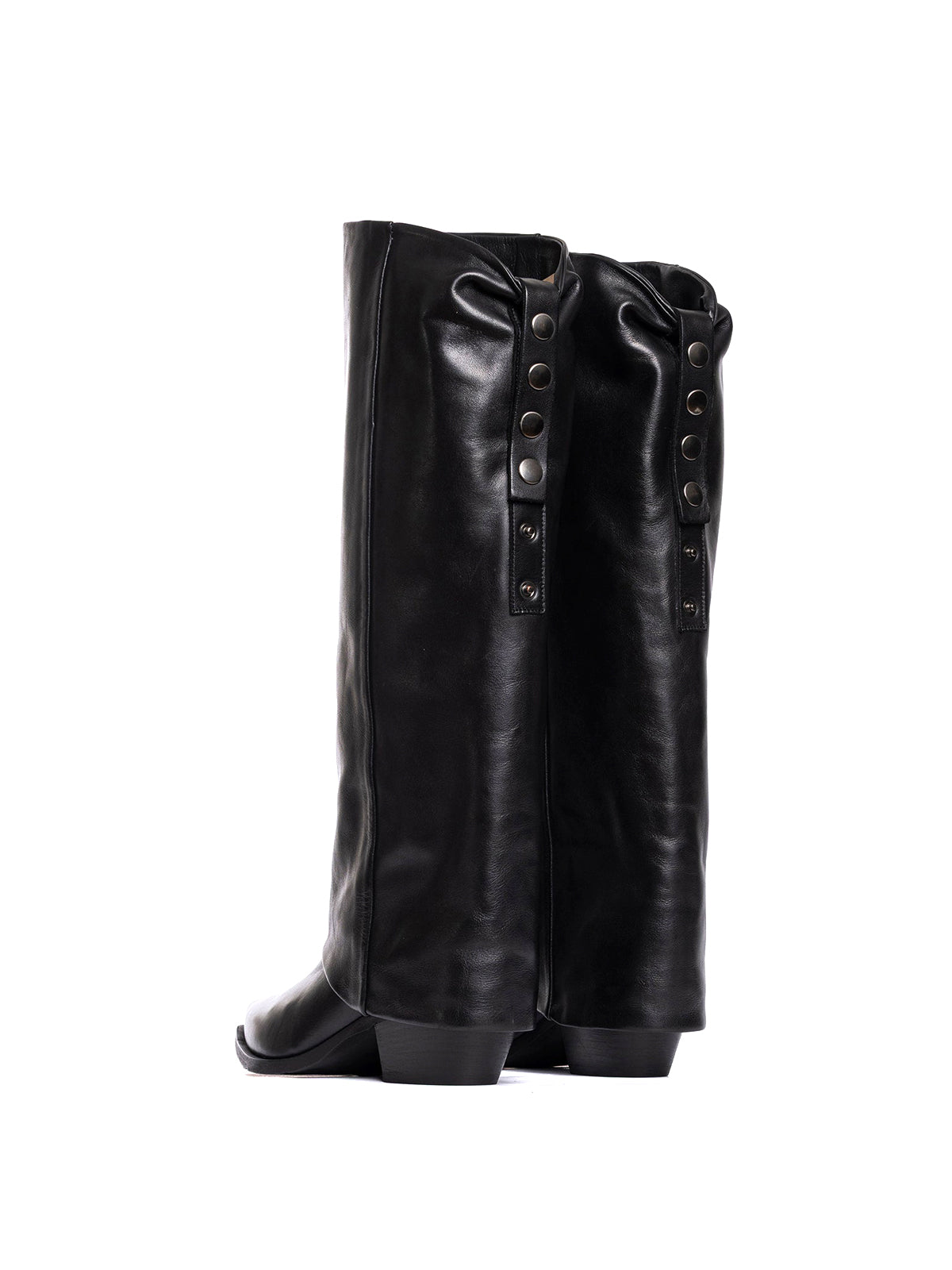 Black Snip-Toe Fold-Over Back Studs Wide Calf Knee High Cowgirl Boots