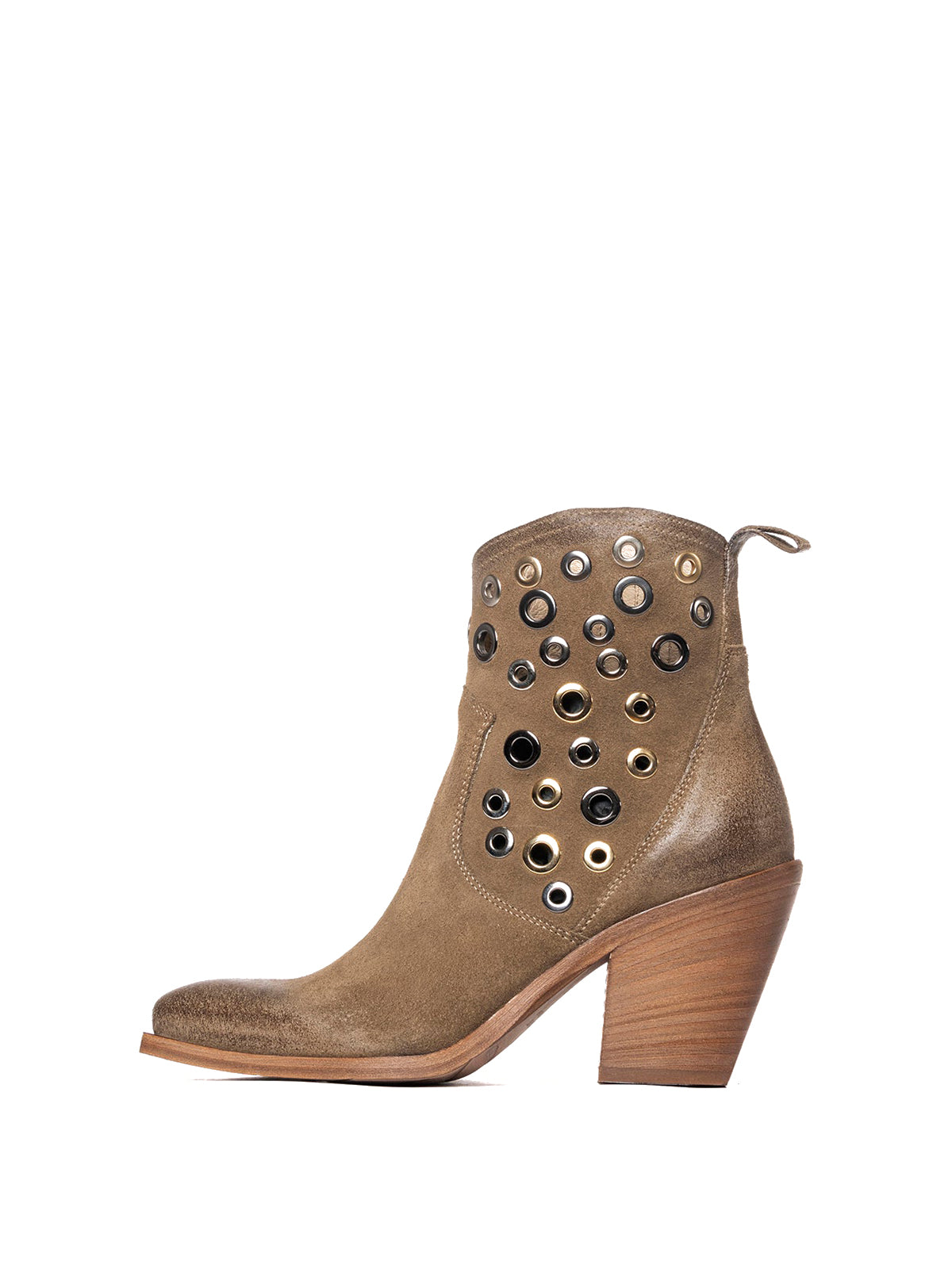 Tan Faux Suede Snip-Toe Eyelets Full-Zip Ankle Cowgirl Boots