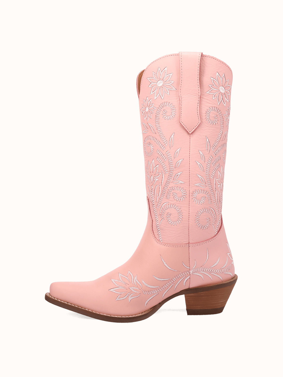 Pink Snip-Toe White Flowers Embroidery Chic Mid Calf Cowgirl Boots